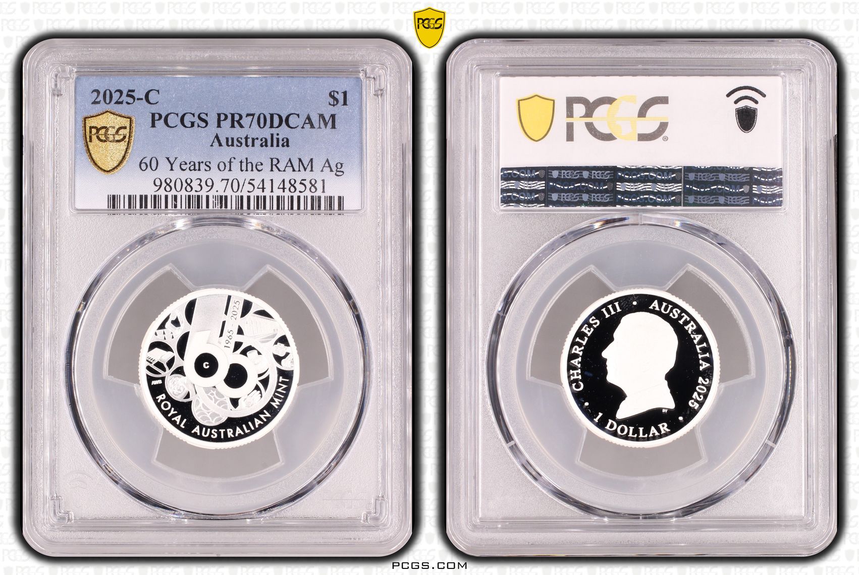 60 Years of the RAM Silver POP 16/0, One Dollar, 2025-C, PCGS PR70DCAM