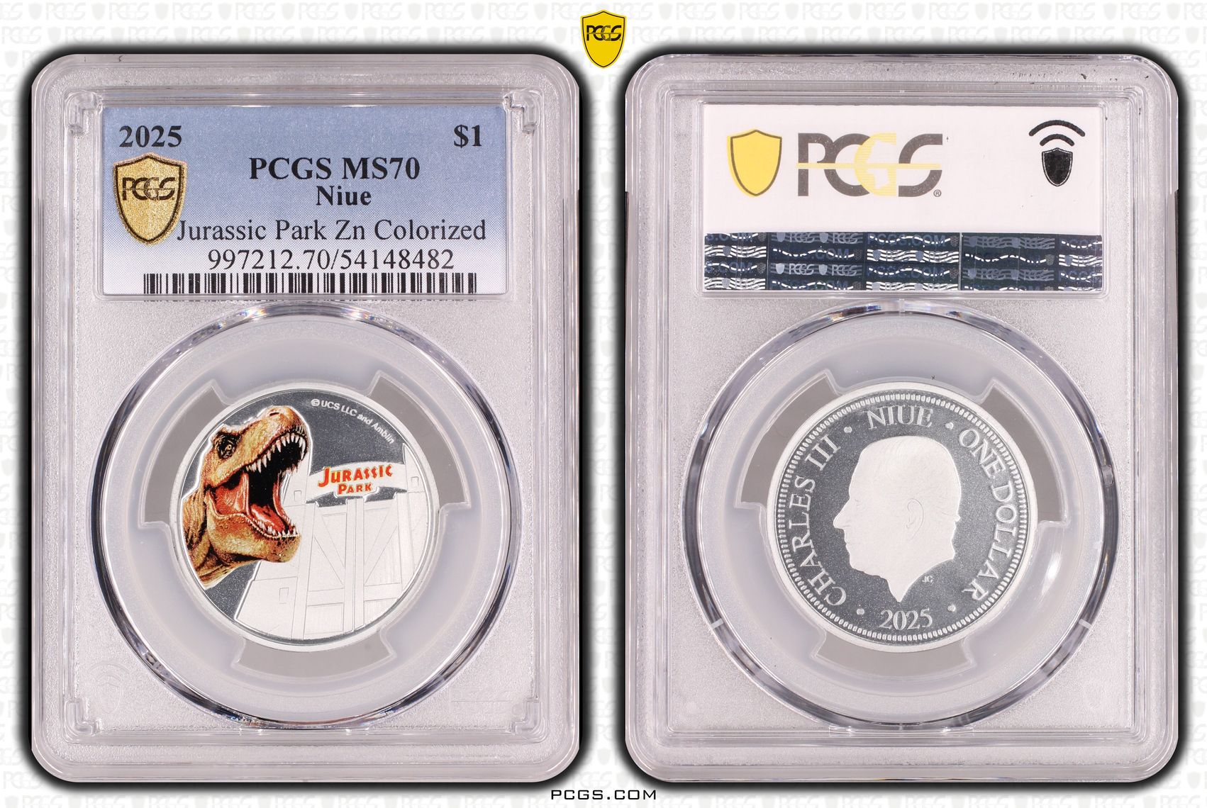 Niue, Jurassic Park Zn Colourised, POP 19/0, One Dollar, 2025, PCGS MS70