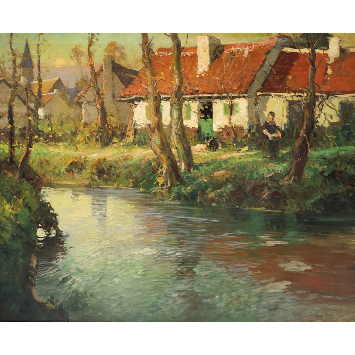 George Ames Aldrich ''Sunset Stream in Normandy'' Oil
