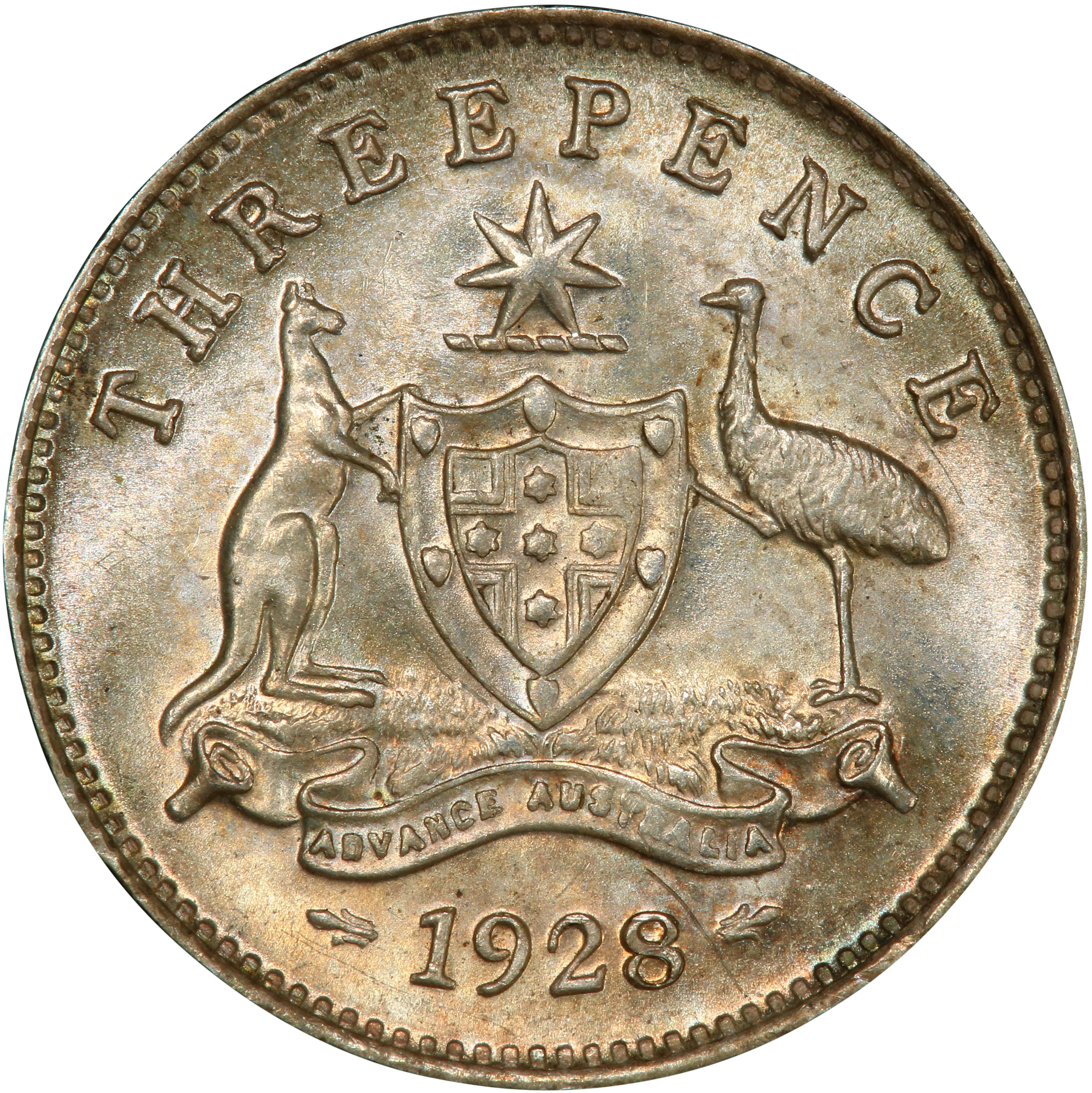 George V, Threepence, 1928, MS 65