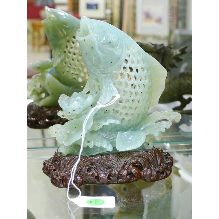 Chinese Carved Jade Pierced Carp Fish on Stand 7.5''