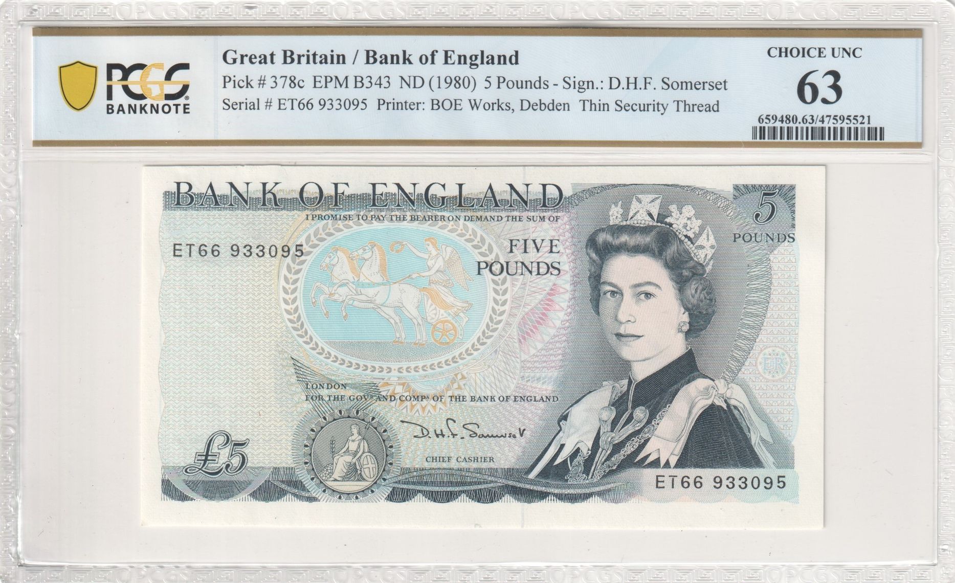 Great Britain, BOE Works, Debden, D.H.F. Somerset, Thin Security Thread, Five Pound, 1980, PCGS Choice UNC 63