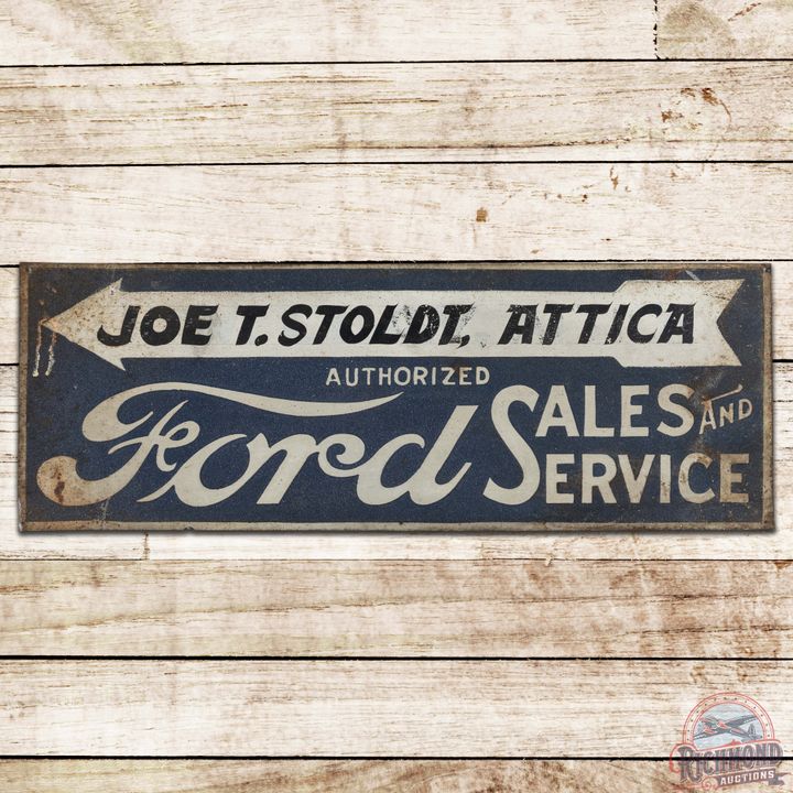 Early Ford Authorized Sales & Service SS Tin Smaltz Sign w/ Arrow