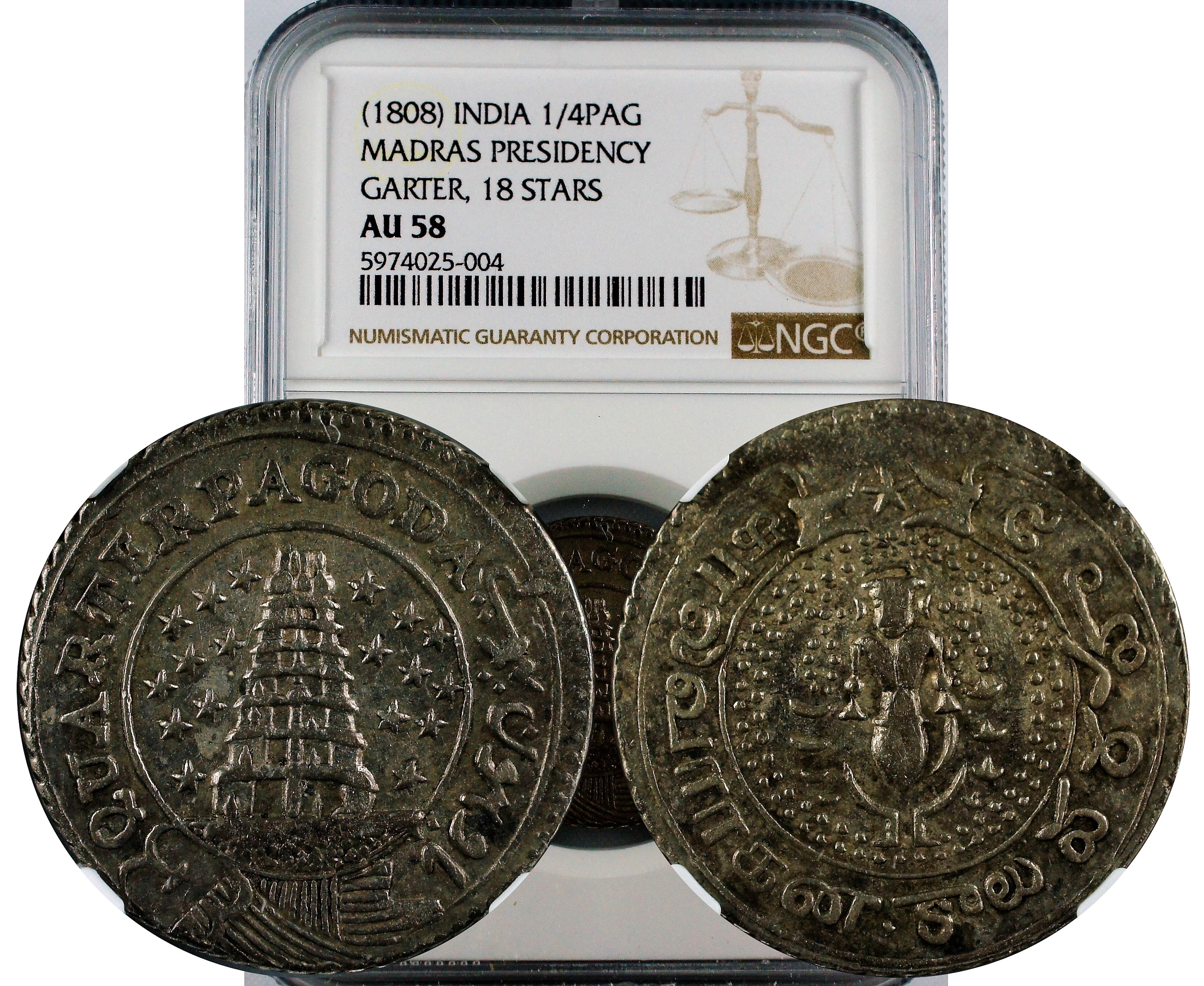 India 1808 Madras Presidency 1/4 Pagoda 18 Starts, Garter NGC AU58