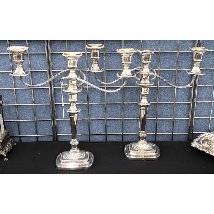 Pair Antique Sheffield Plated Triple Candelabras 18''x18''