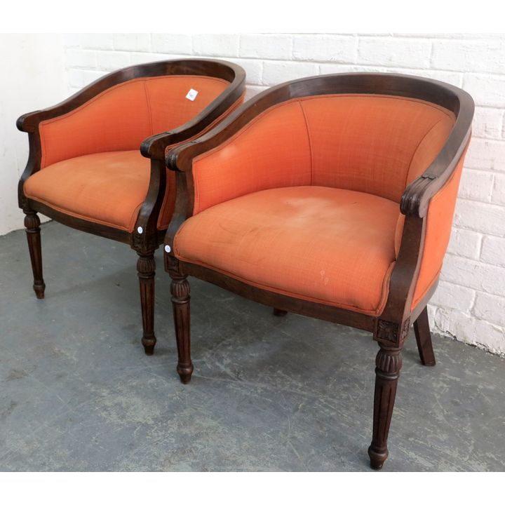 PAIR OF UPHOLSTERED MAHOGANY TUB CHAIRS,