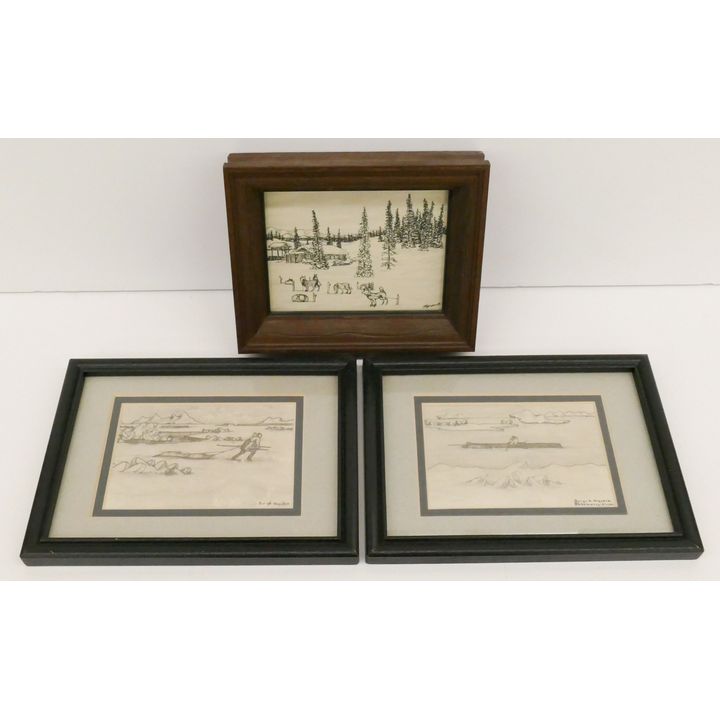 Box 3pc George Ahgupuk Small Eskimo Ink Drawings Framed 6''