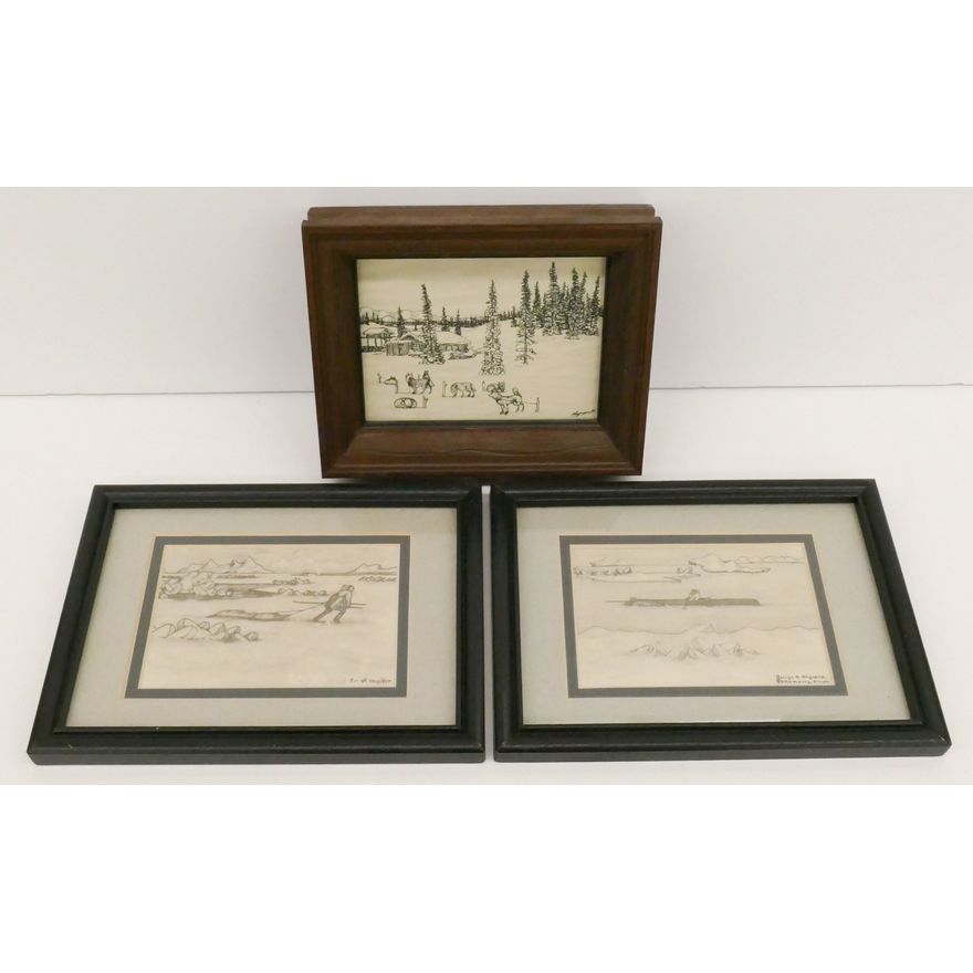 Box 3pc George Ahgupuk Small Eskimo Ink Drawings Framed 6''