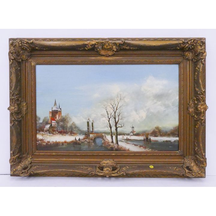 Dutch River Scene Oil Painting in Ornate Gilt Frame- 28x39''