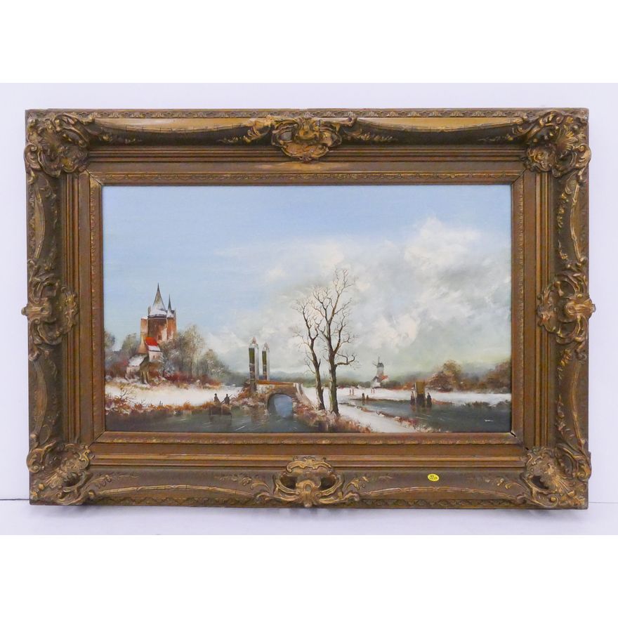Dutch River Scene Oil Painting in Ornate Gilt Frame- 28x39''