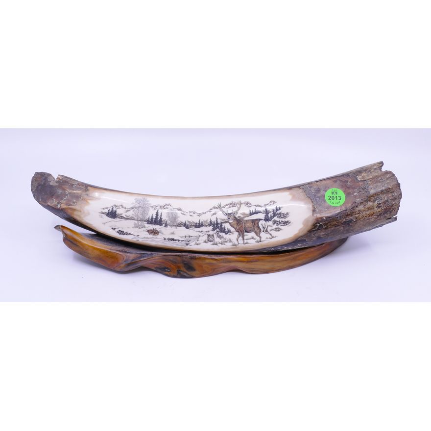 Katherine Young Fine Scrimshawed Petrified Tusk on Stand- 14''