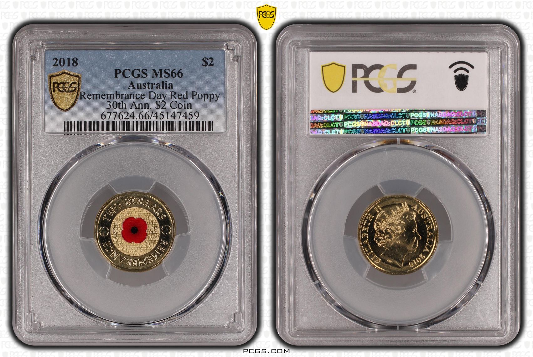 2018 Australia Two Dollar, $2 Remembrance Day Red Poppy 30th Ann. $2 Coin PCGS - MS66 -459