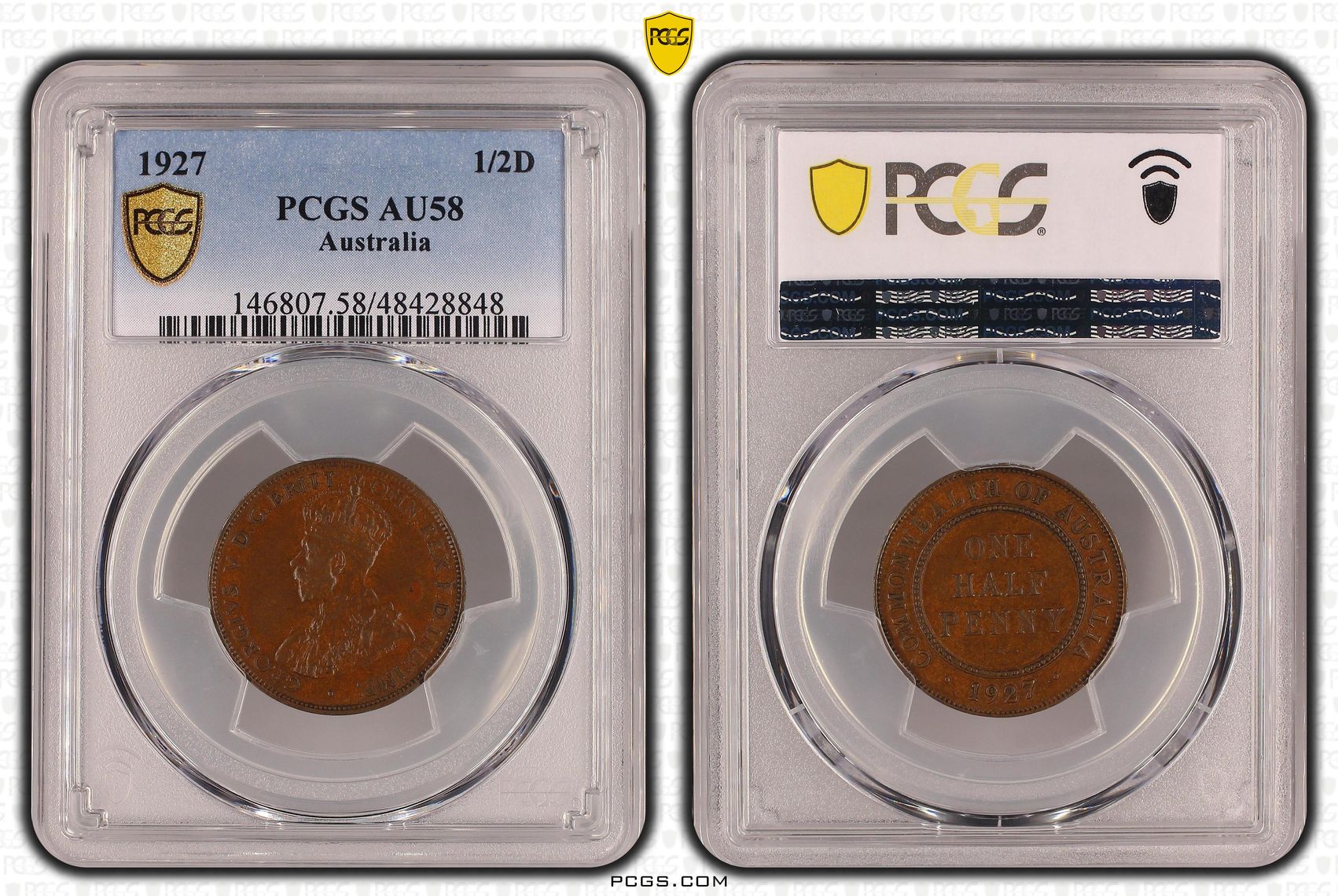 Halfpenny, 1927, PCGS AU 58BN