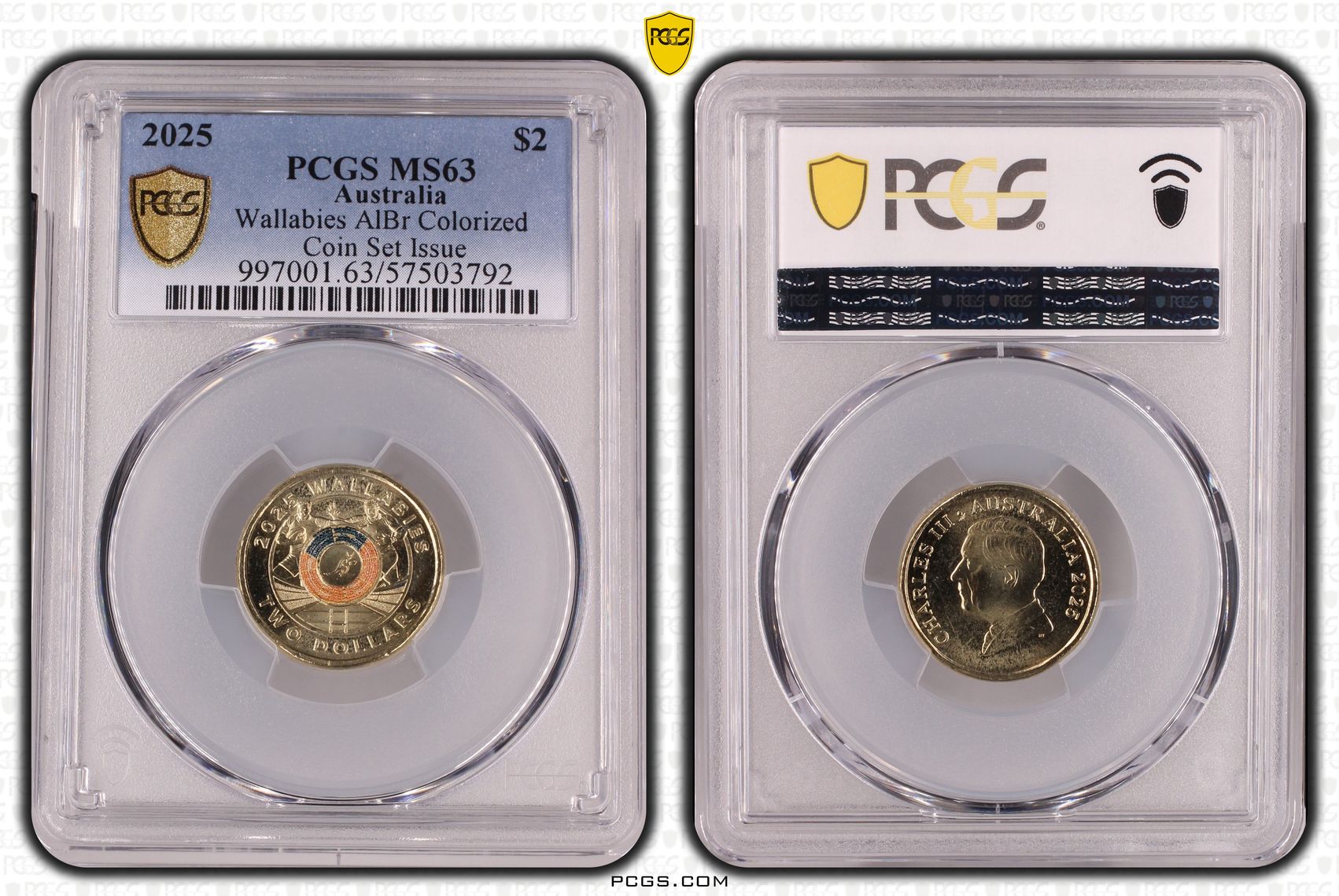 Wallabies AlBr Colourised Coin Set Issue, Two Dollar, 2025, PCGS MS63