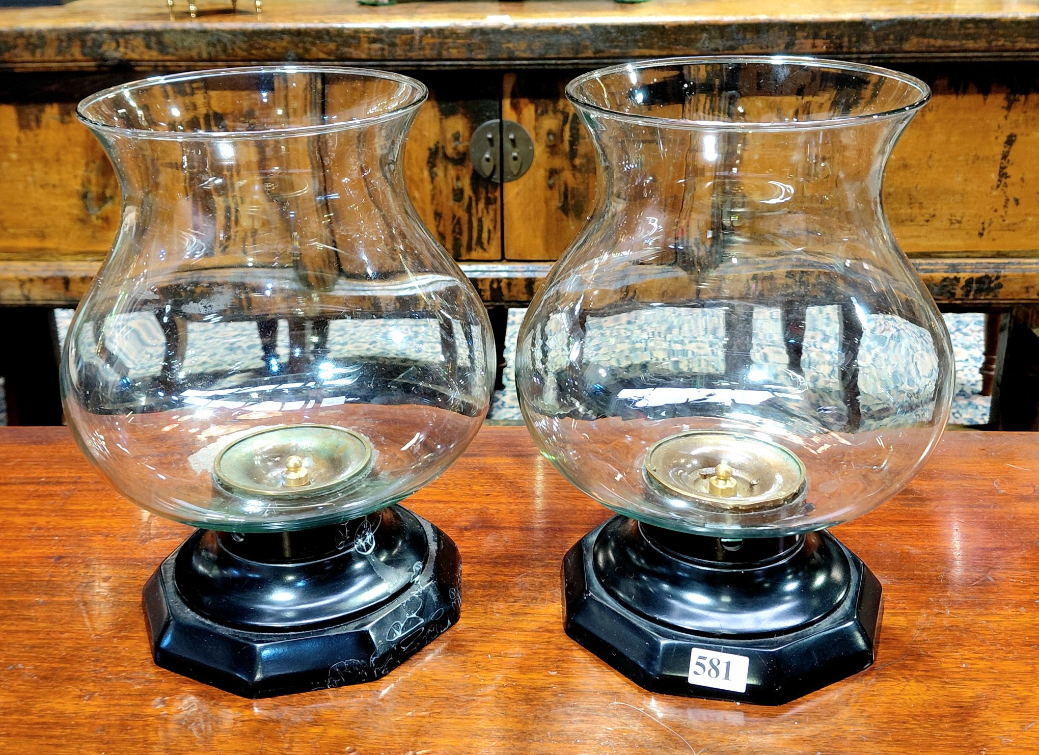 581 · PAIR OF VINTAGE BULBOUS GLASS STORM SHADES