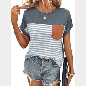 SWEATYROCKS WOMEN'S COLOR BLOCK STRIPED CREWNECK TEE CASUAL ROLL UP SHORT SLEEVE POCKET T SHIRT