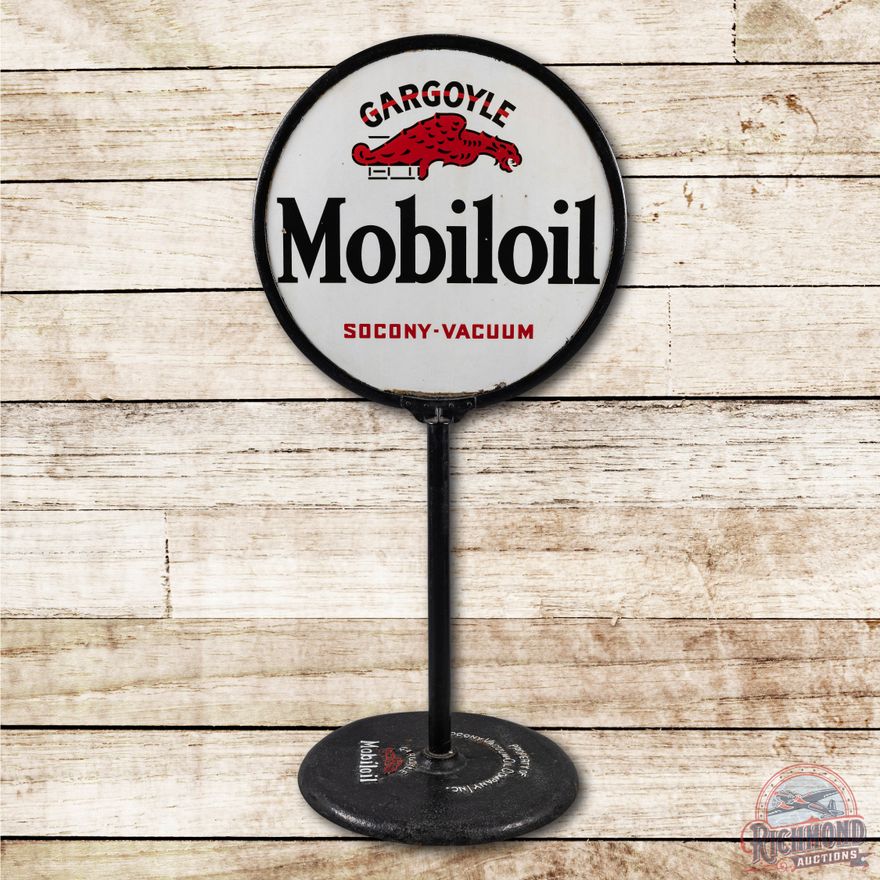 30" Mobiloil Gargoyle Socony-Vacuum Porcelain Curb Sign & Base