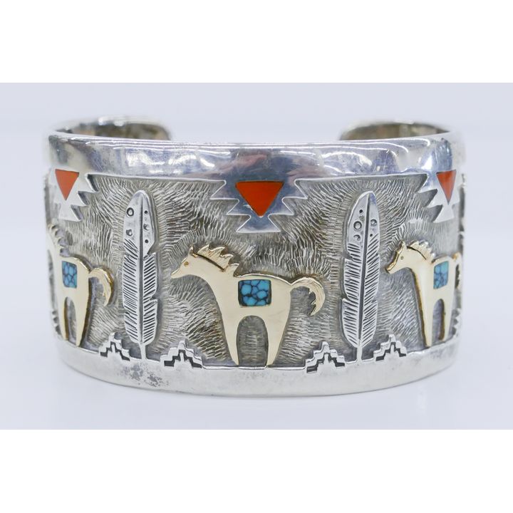 Dina Huntinghorse Navajo Sterling 14k Horse Cuff Bracelet