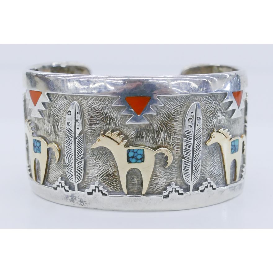 Dina Huntinghorse Navajo Sterling 14k Horse Cuff Bracelet