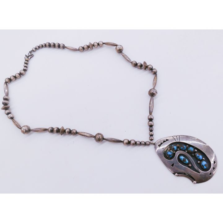 Large Navajo Sterling and Turquoise Pendant Necklace- 3'' Pendant