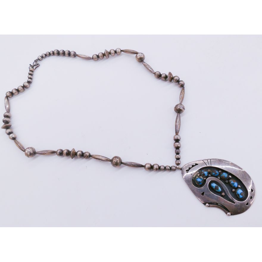 Large Navajo Sterling and Turquoise Pendant Necklace- 3'' Pendant
