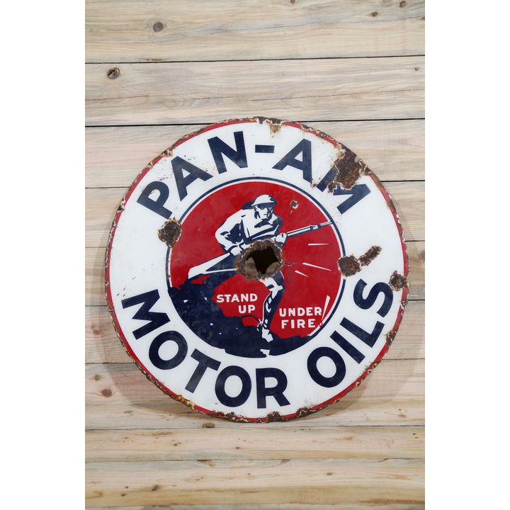 30" Pan-Am Motor Oil w/ Soldier Logo Double Sided Porcelain Sign TAC 4
