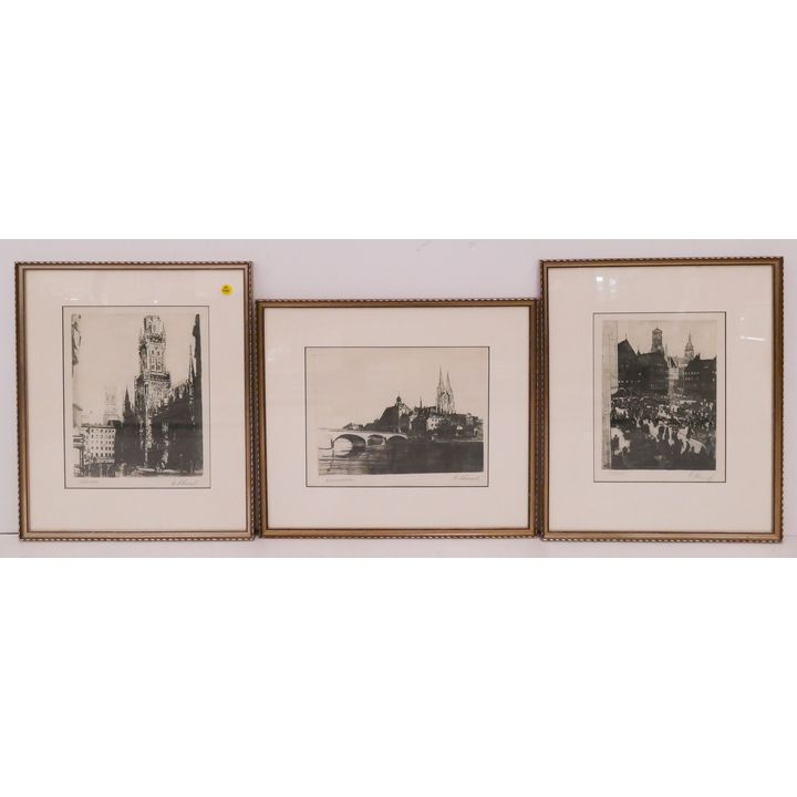 3pc Oskar Schenk German Town Scene Lithographs including views of Munich, Stuttgart, and Regensburg. Framed- 17x20'' each