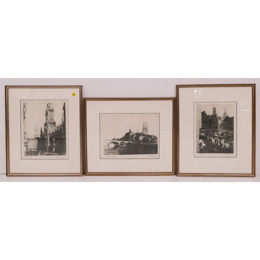 3pc Oskar Schenk German Town Scene Lithographs including views of Munich, Stuttgart, and Regensburg. Framed- 17x20'' each