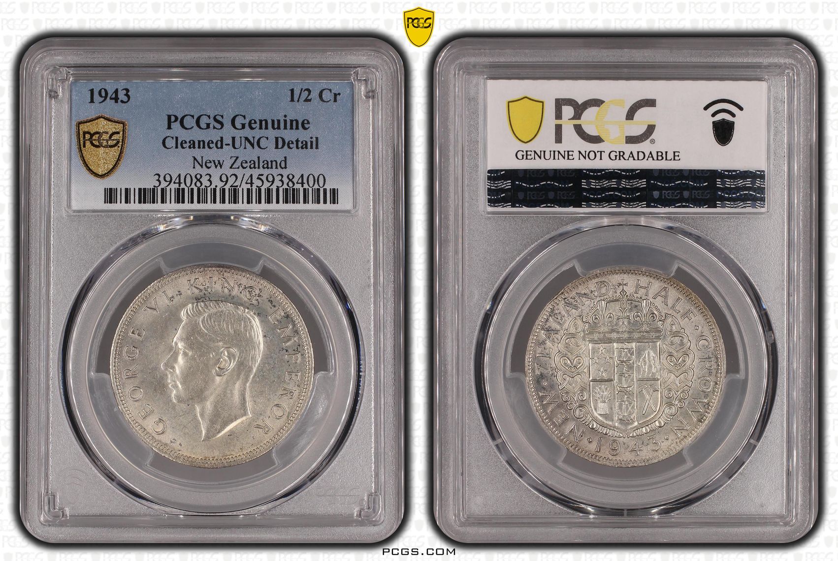 1943 New Zealand 1/2 Crown Silver PCGS - Genuine - UNC Details (92 - Cleaned) -400