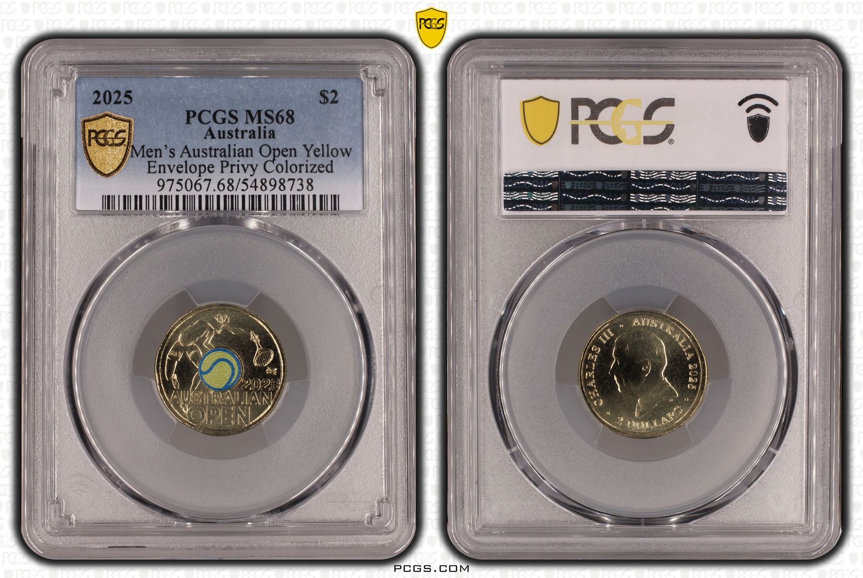 Men's Australian Open Yellow Envelope Privy Colourised, Two Dollar, 2025, PCGS MS68