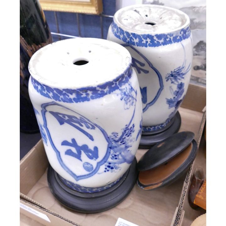 Pair Meiji Japanese Porcelain B&W Pillows- 9''