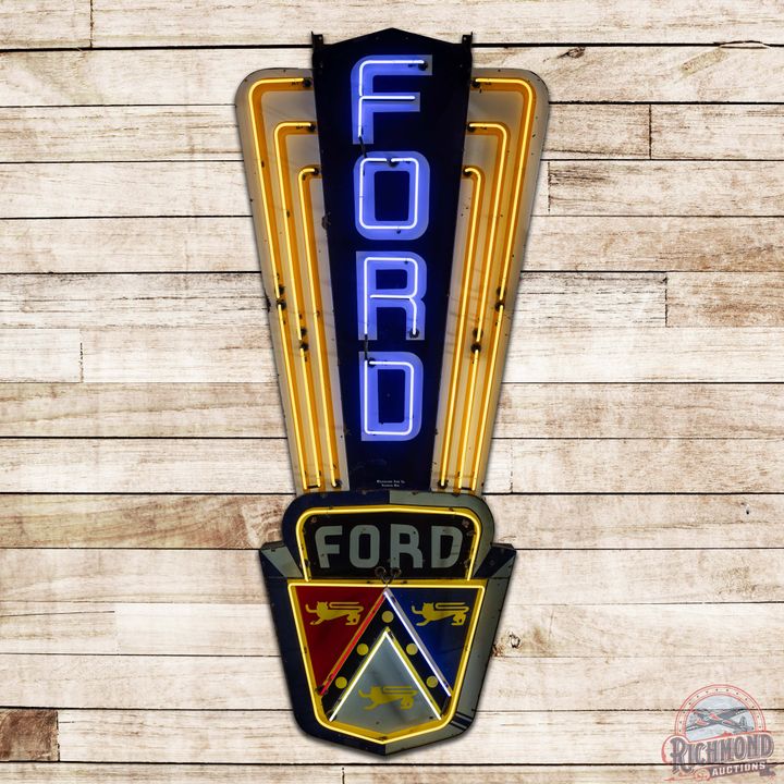 Scarce Vertical Ford Jubilee 12' Single Sided Porcelain Neon Sign w/ Crest Logo