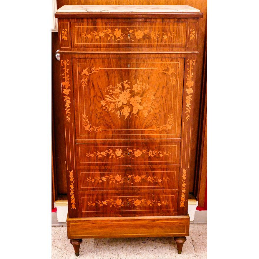 Antique Marquetry Inlaid Marble Top French Secretaire de Abattant Cabinet- 55x27x14''