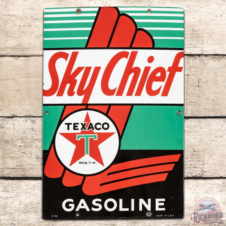 1940 Texaco Sky Chief Gasoline SS Porcelain Pump Plate Sign