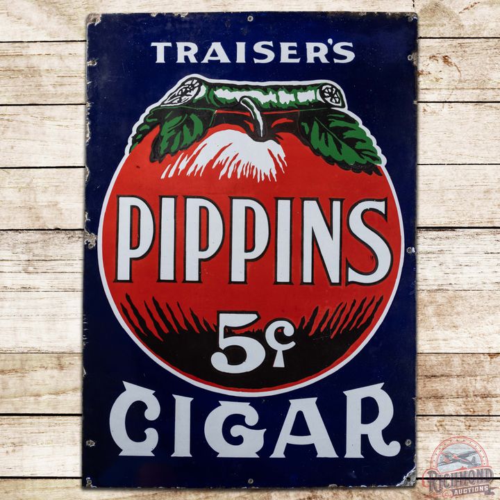 Traiser's Pippins 5 Cent Cigar SS Porcelain Sign w/ Logo