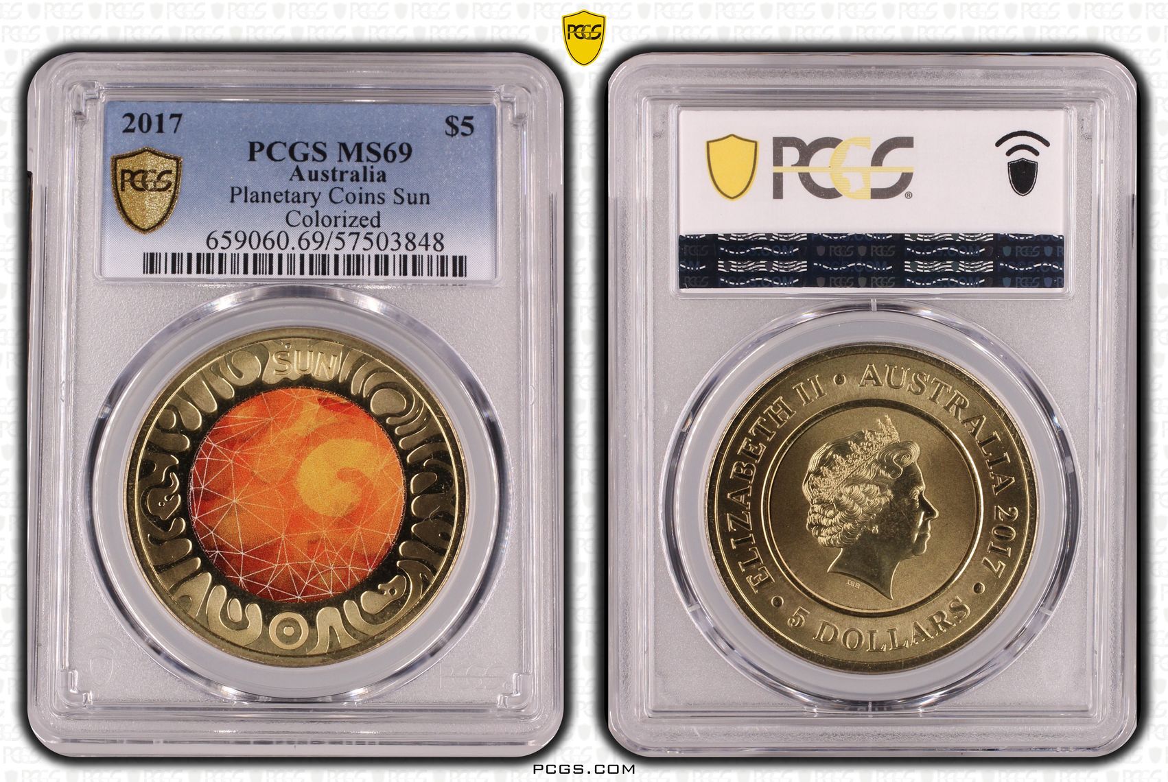 Planetary Coins Sun Colourised, Five Dollar, 2017, PCGS MS69