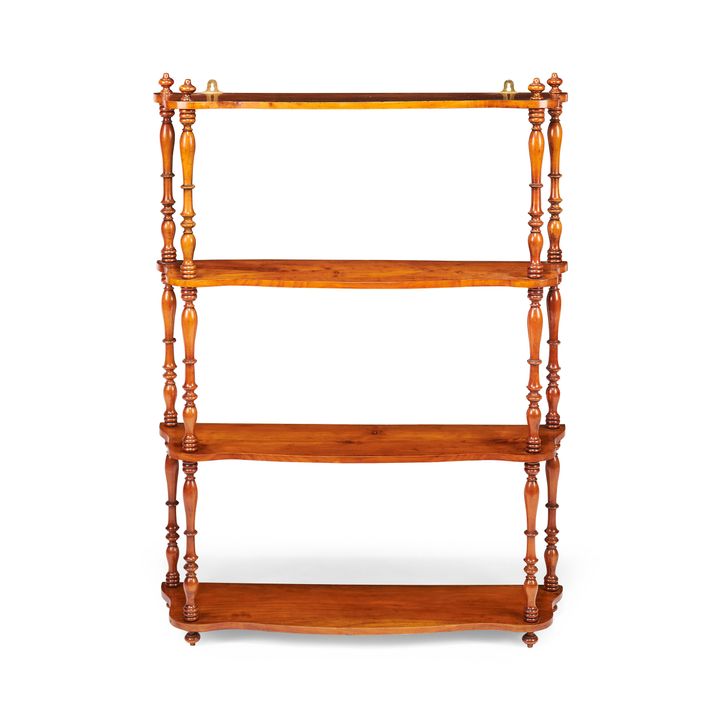 A set of early Victorian four-tier satinwood serpentine hanging shelves