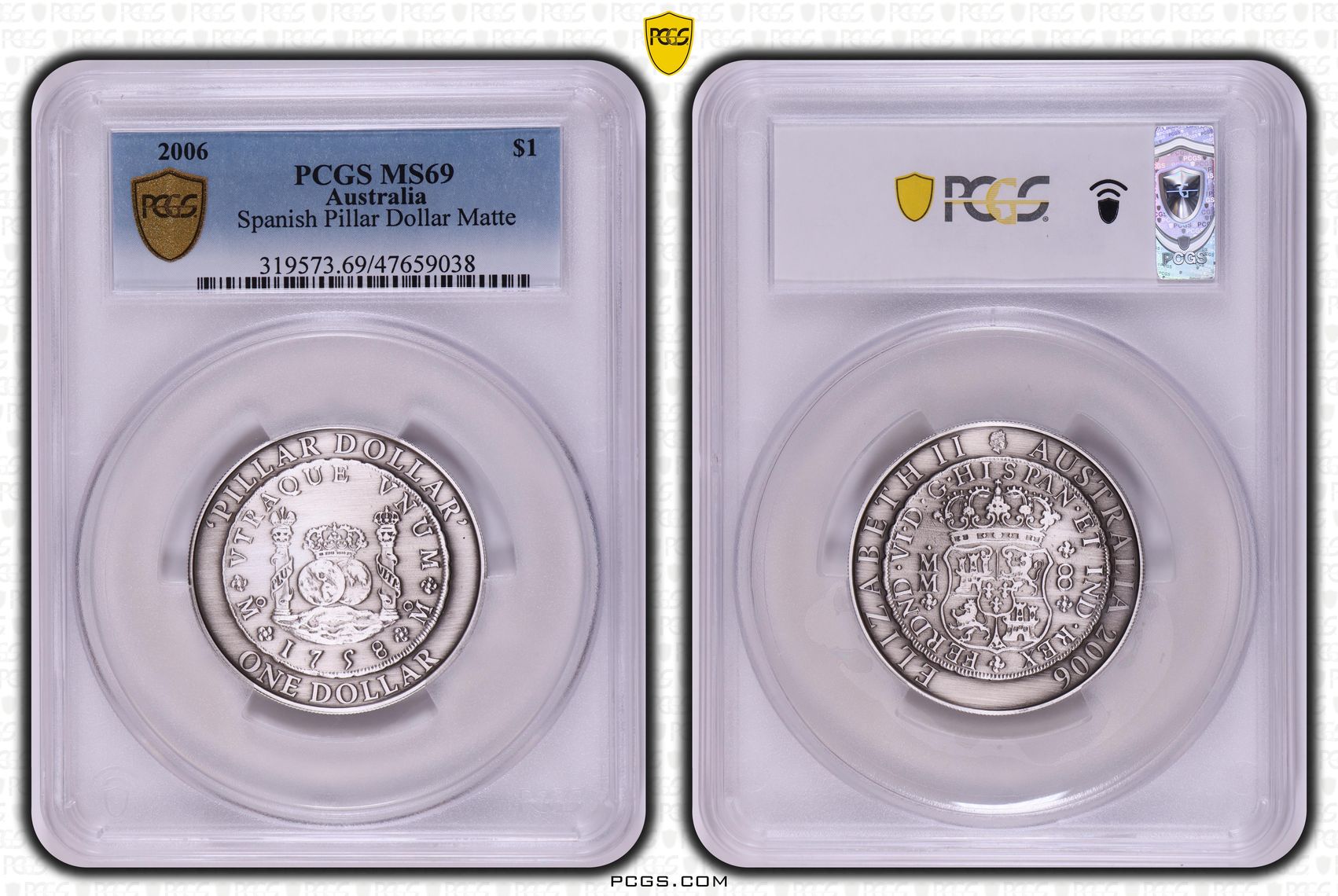 Spanish Pillar Dollar Matte, One Dollar, 2006 POP Report 5/1, PCGS MS 69