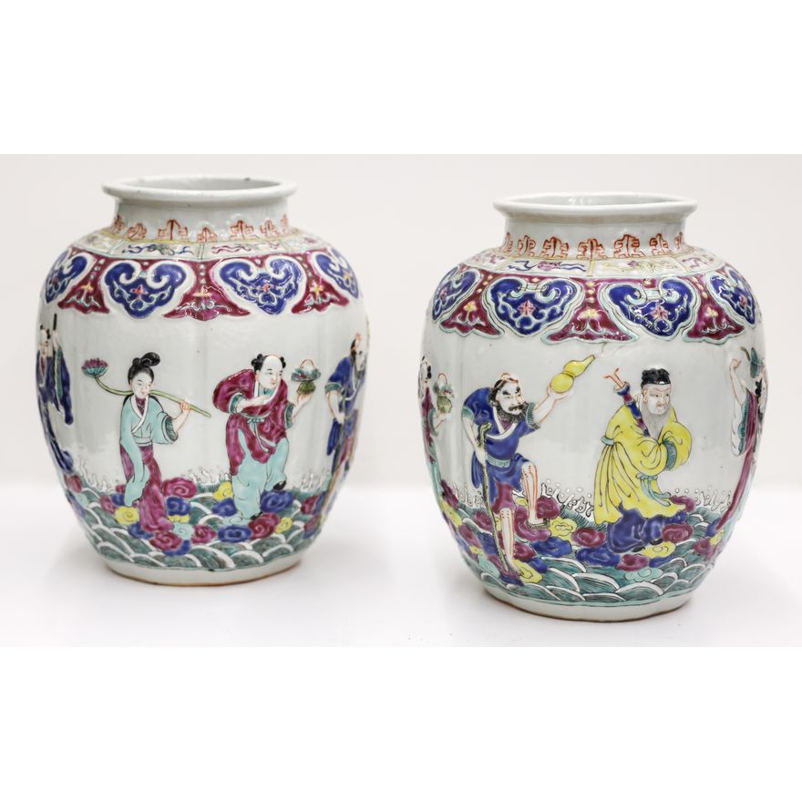 Pair Chinese Molded Porcelain Immortal Vases