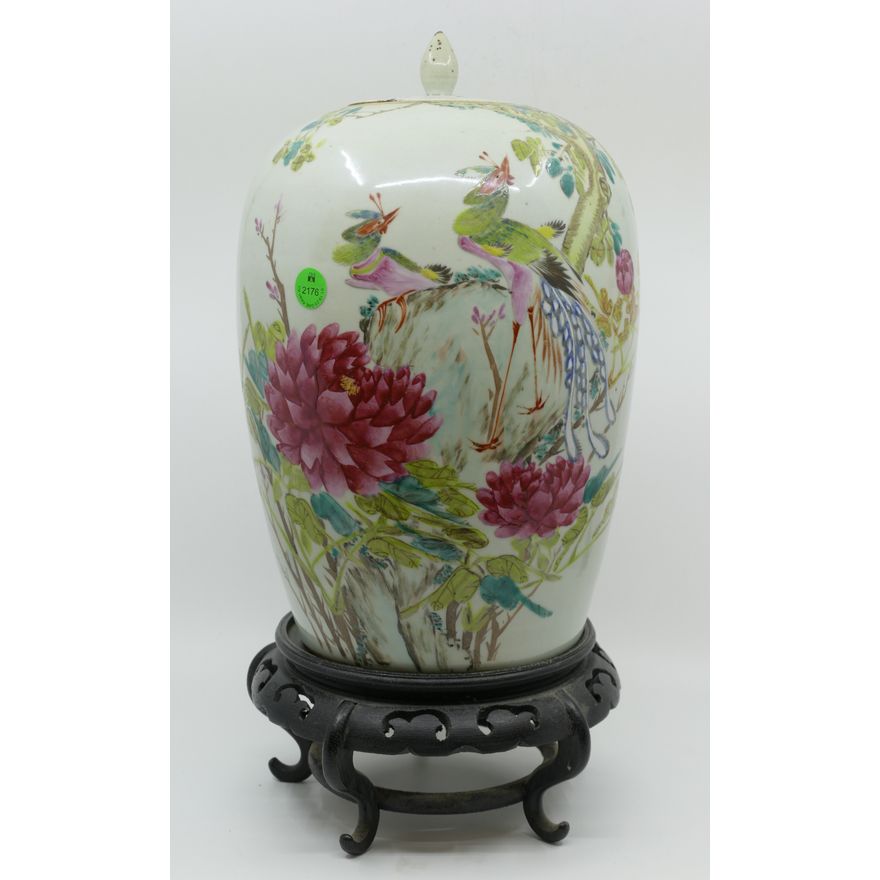 Chinese Qing Phoenix Porcelain Jar 13'' - Chip to lid. Note inside states painted by Ho-Tai