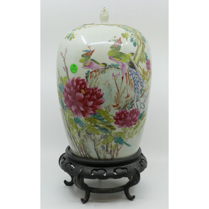 Chinese Qing Phoenix Porcelain Jar 13'' - Chip to lid. Note inside states painted by Ho-Tai