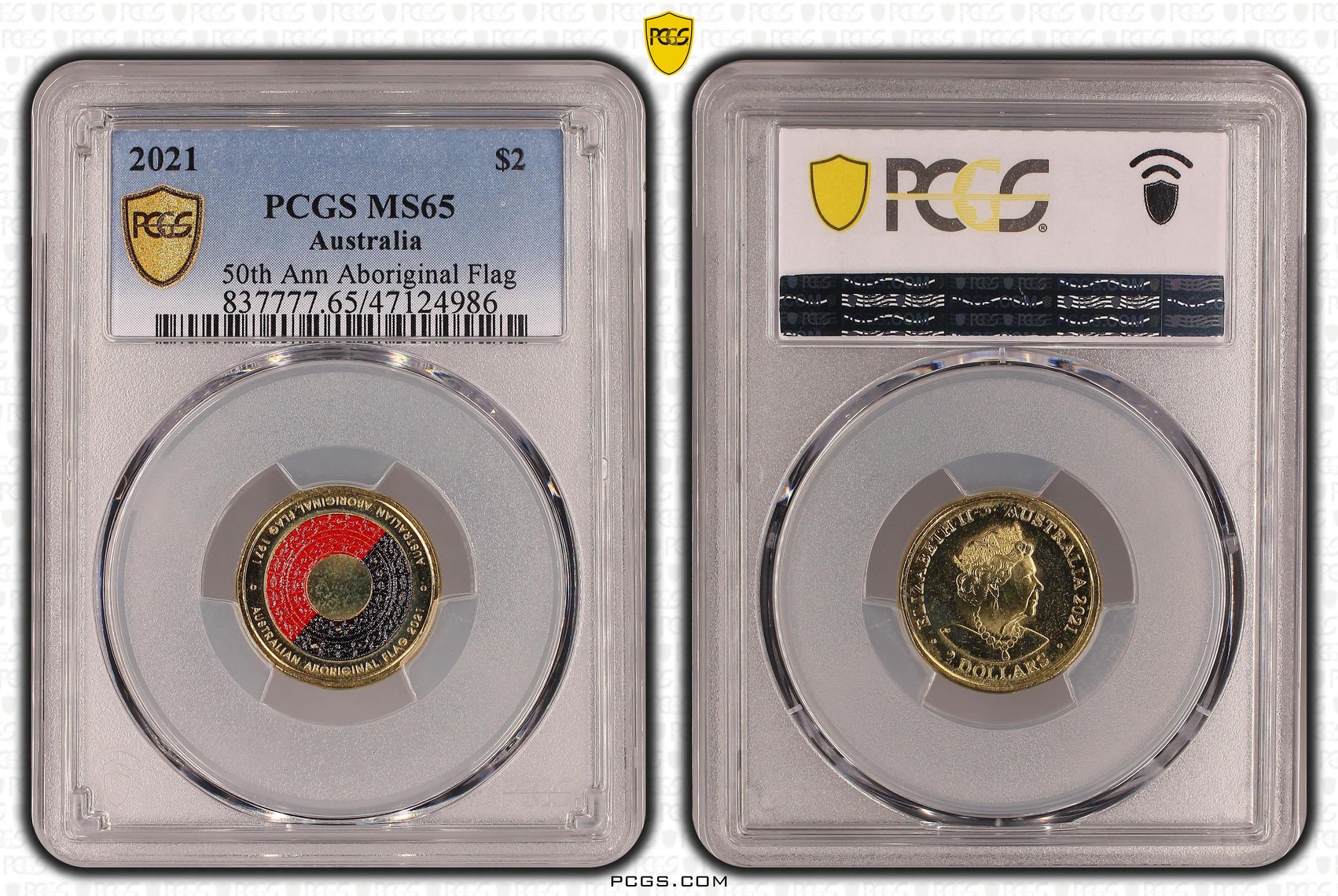 Elizabeth II, 50th Ann Aboriginal Flag Colorized, Two Dollar, 2021, PCGS MS65