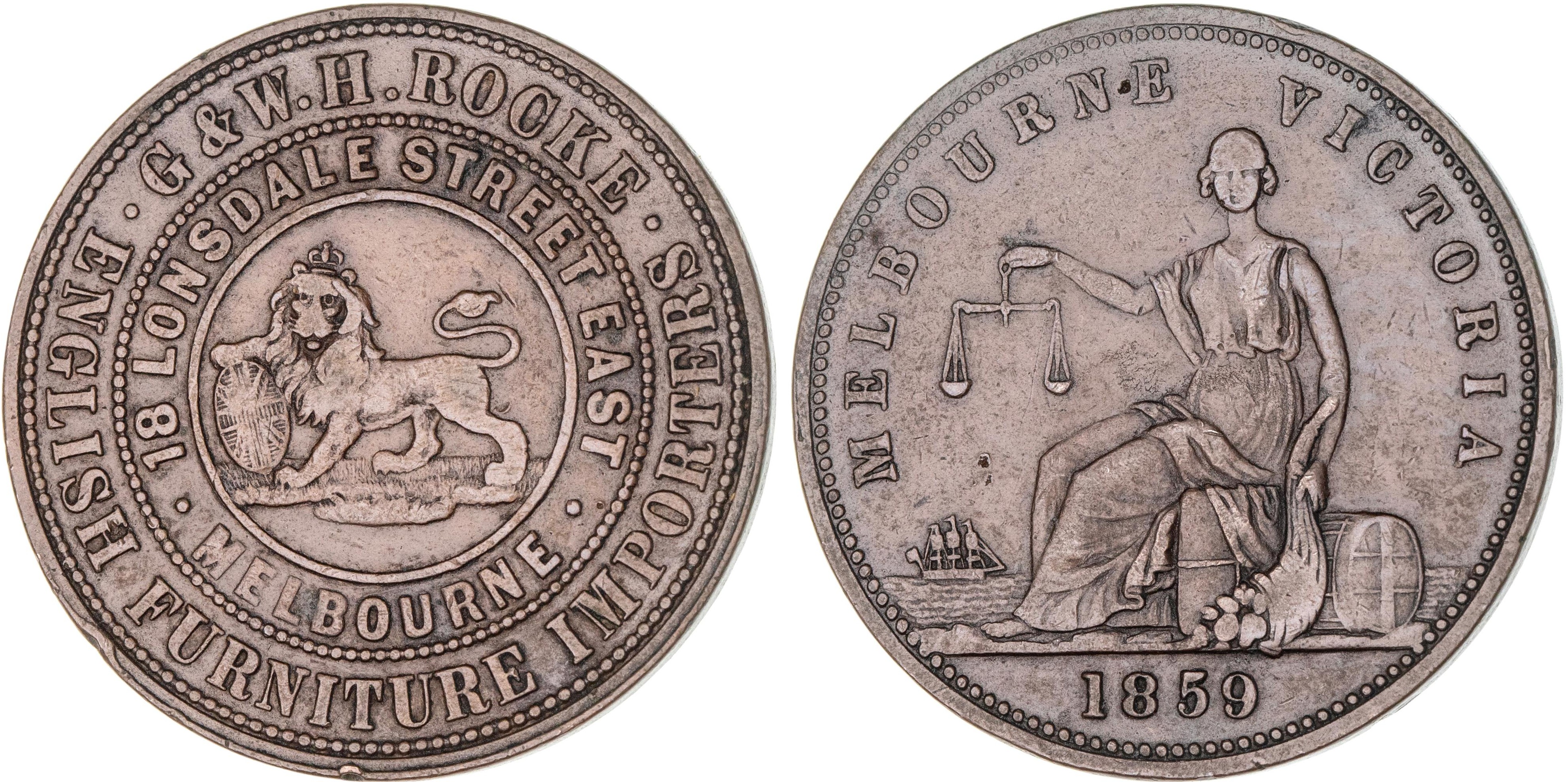 Melbourne, Victoria, G. & W. H. Rocke, Penny, 1859, VF