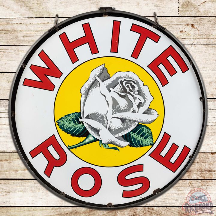 Early White Rose Gasoline 48" DS Porcelain Sign in Ring w/ Logo