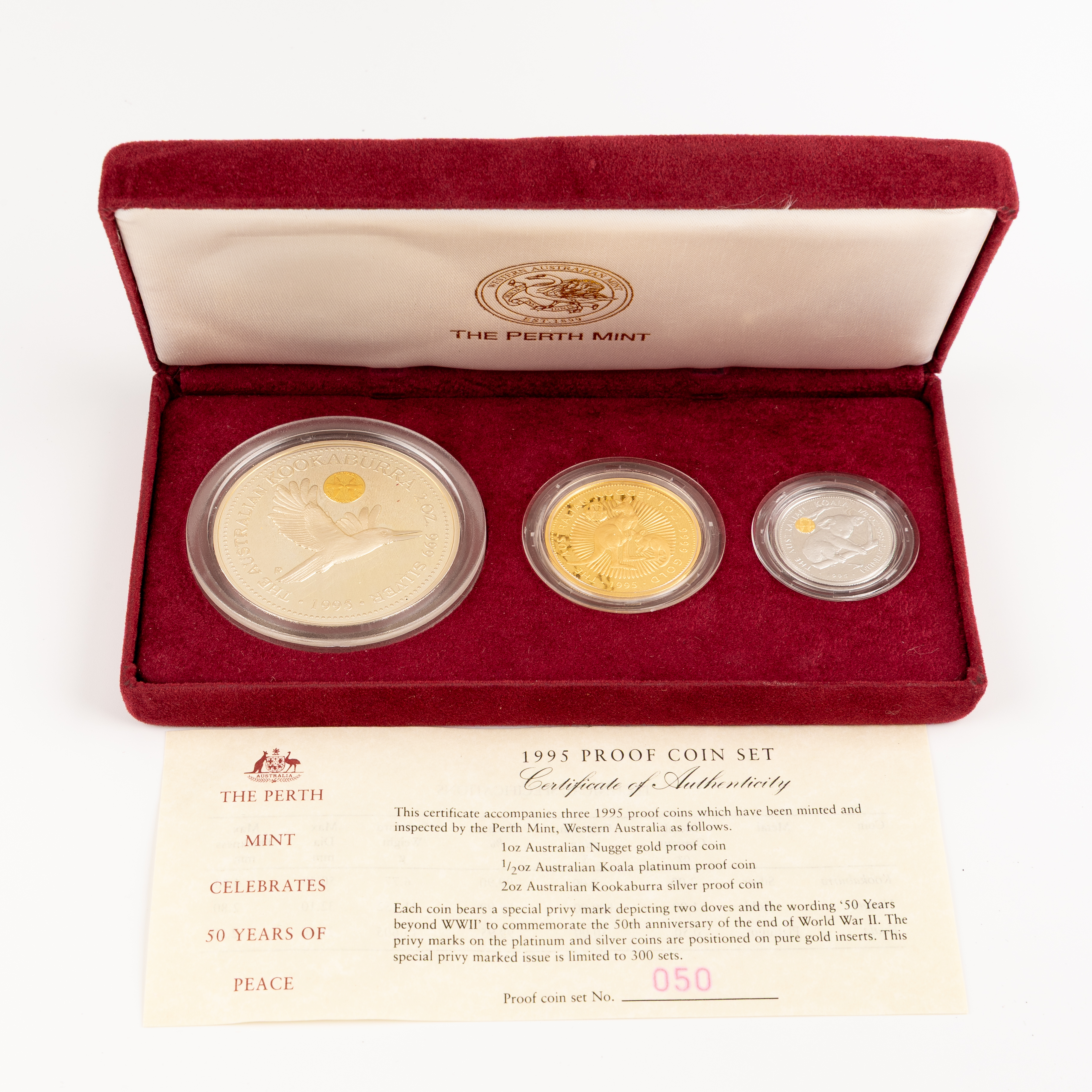 387 · Elizabeth II, Perth Mint - Mixed Metal Set, 50 Years of Peace, Two Dollars - One Hundred Dollars, 1995, FDC