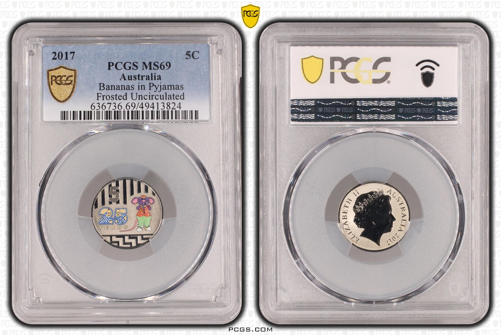190 · Elizabeth II, Bananas in Pyjamas Frosted Uncirculated , Five Cent, 2017, PCGS MS69