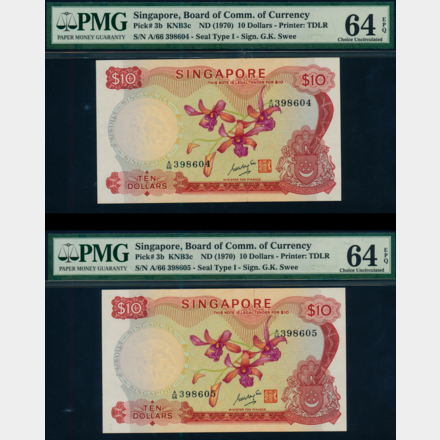 Singapore Orchid 1970 $10 GKS consecutive A/66 398604-605 PMG 