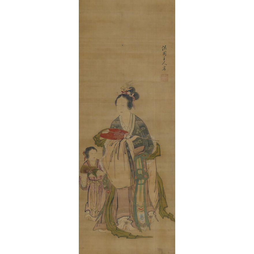 Fine Meiji Japanese Guanyin with Attendant Scroll Painting