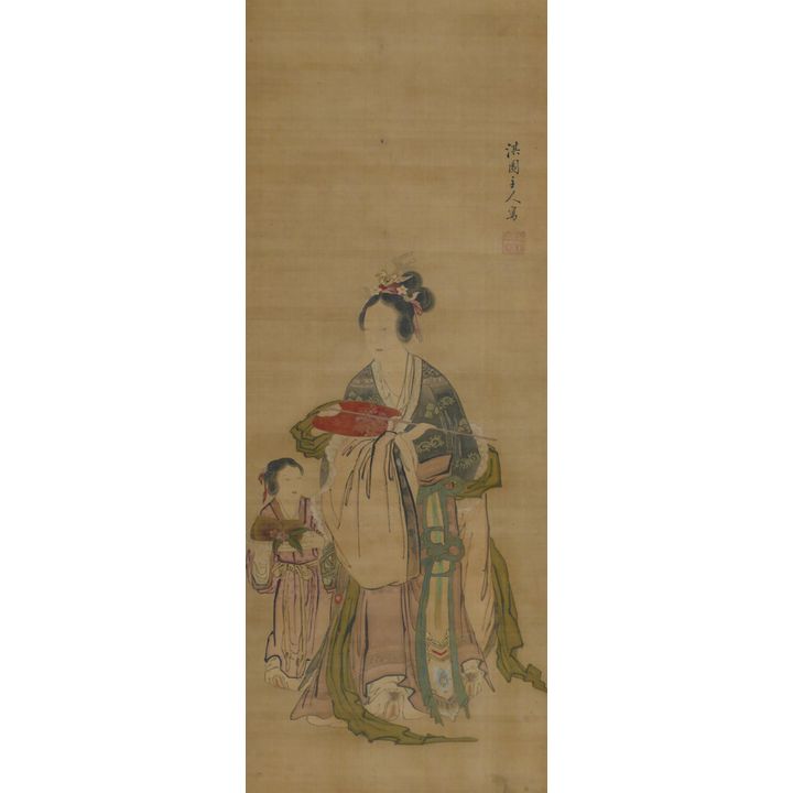 Fine Meiji Japanese Guanyin with Attendant Scroll Painting
