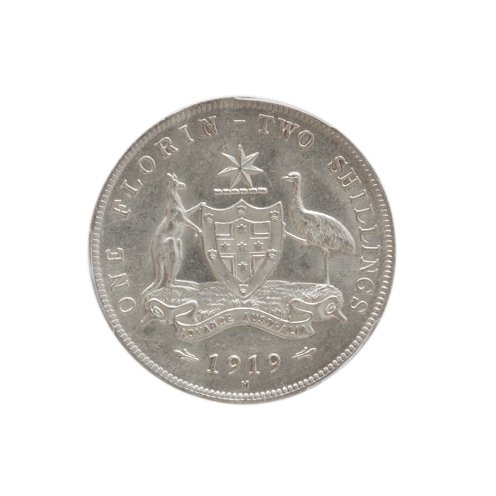George V, Florin, 1919-M, AU 58